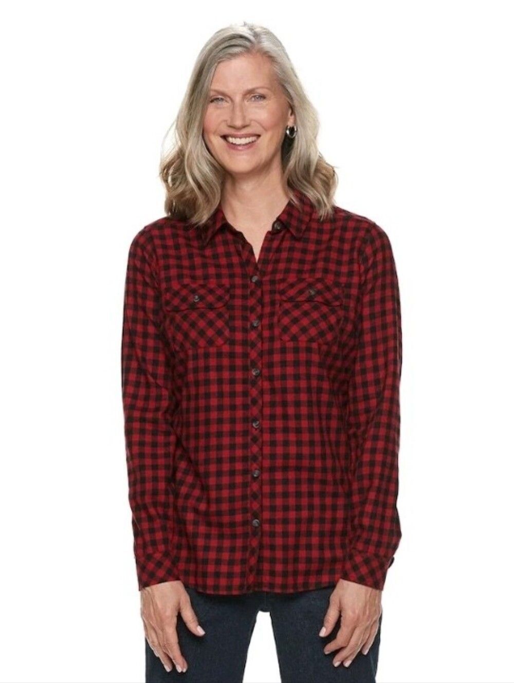 🆕️🦬Croft & Barrow – Red Buffalo Plaid Flannel Button-Down Shirt – Large